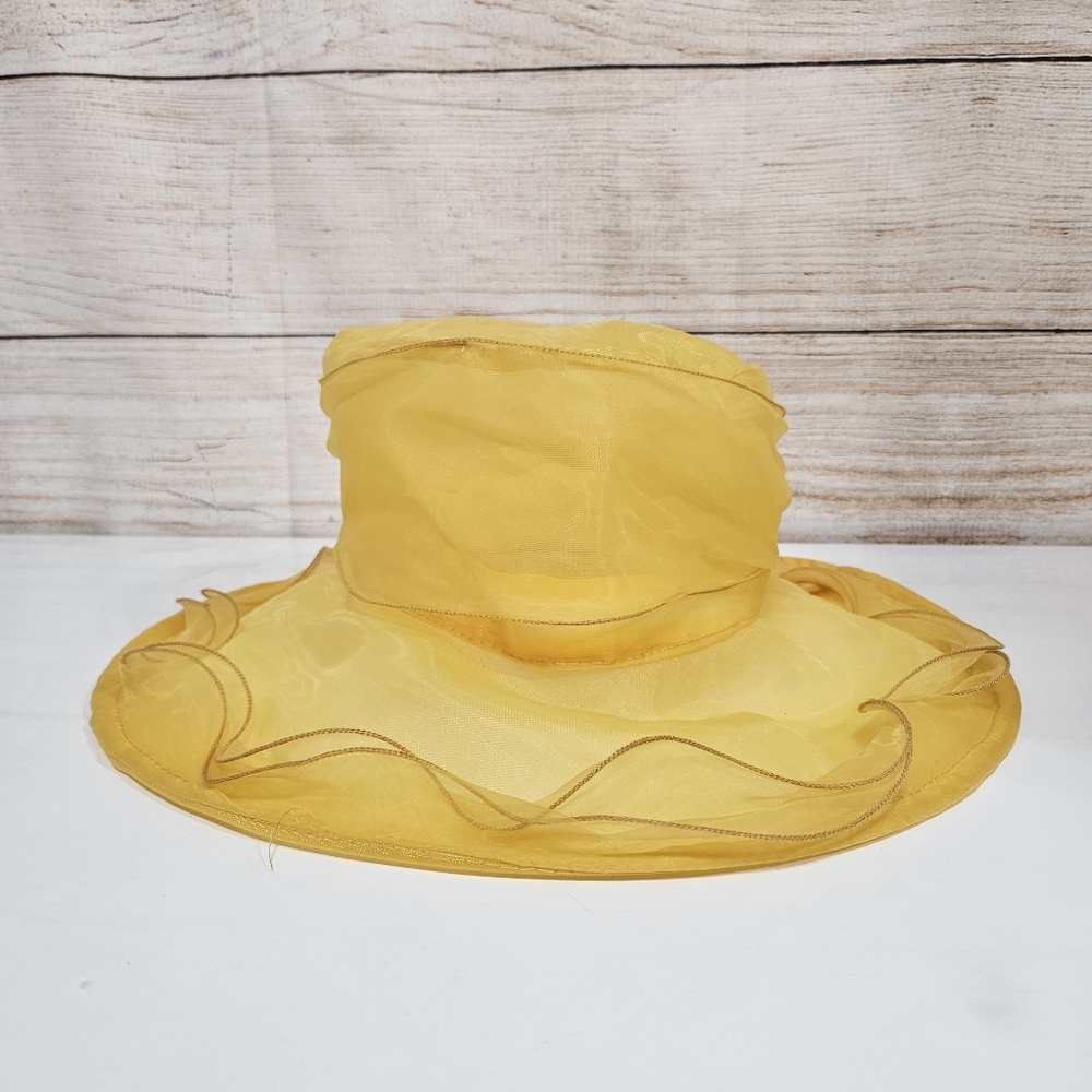 Yellow Organza Wide-Brim Women's Dress Hat - Picture 5 of 9